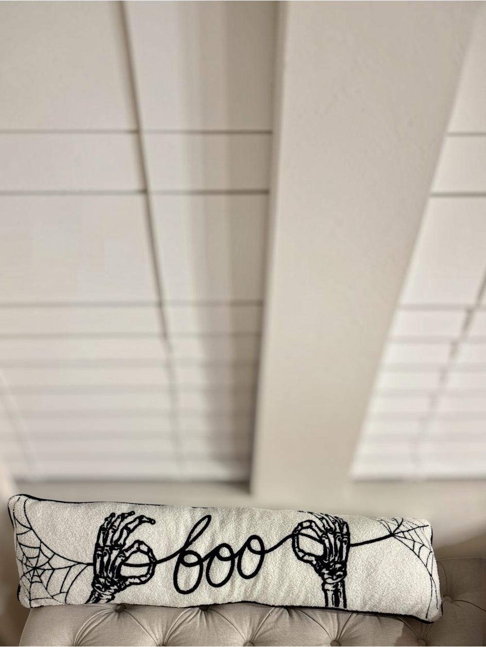 Halloween 'Boo' Skeleton Hands Throw pillow Black on White